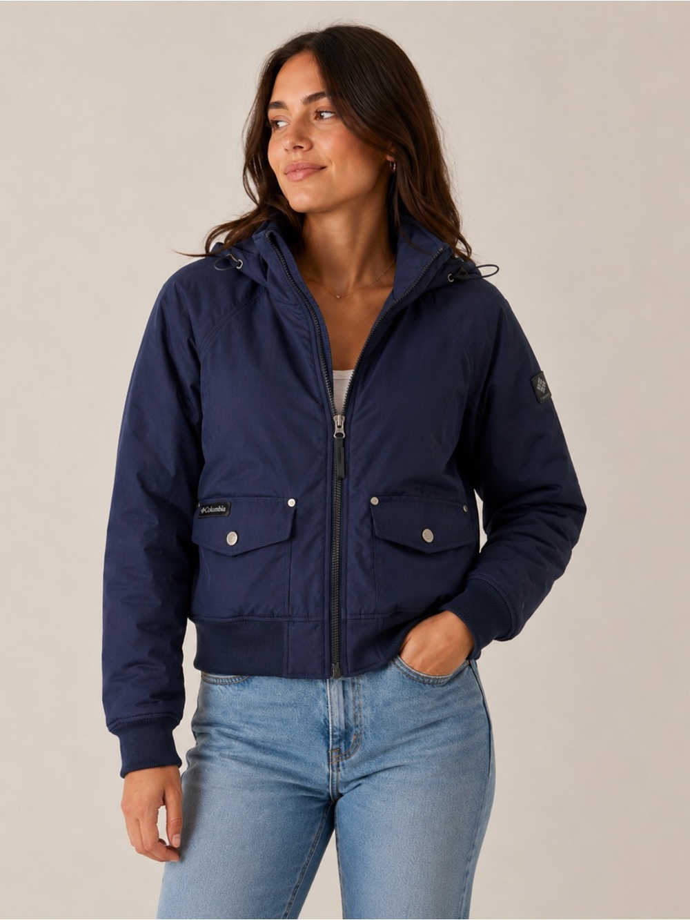 Columbia Barlow Pass 550 Turbo down Omniheat Hooded Fur Navy Bomber Jacket  XS